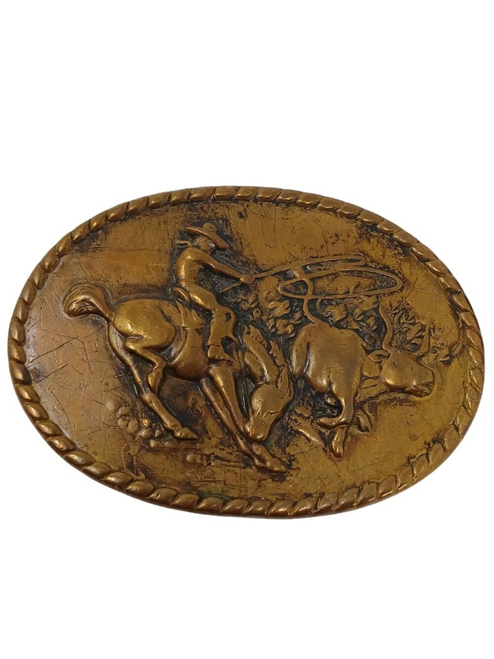 Western Style Bronze Cowboy Rodeo Belt Buckle Stamped Vintage 3" Across #J-4